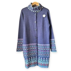 Vintage Wool Blend High Neck Long  Cardigan Sweater Multicolor Pattern Large